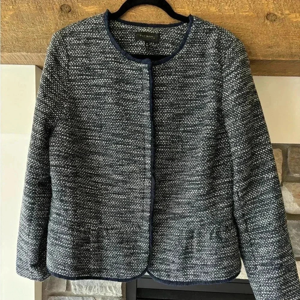 Talbots Blazer Size 16 Navy Tweed Fringe Peplum Career Classic Timeless Mature - Picture 2 of 7